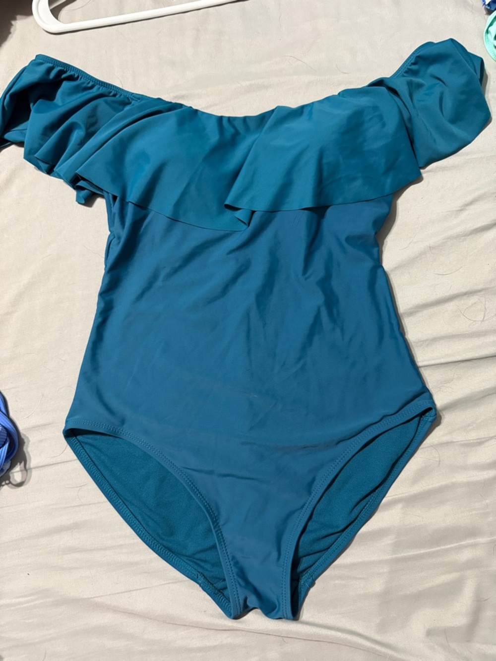 Time and Tru Teal Off-Shoulder Ruffle One-Piece Swimsuit